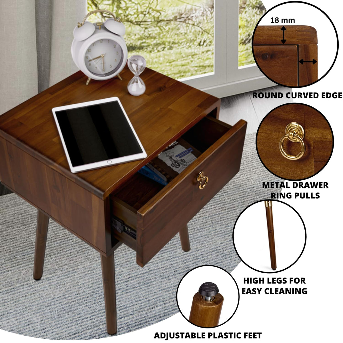 Caden 1-drawer nightstand with dark chocolate finish and bedside storage for lamps and books