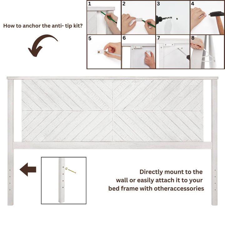 Vivian king bed headboard with rustic white finish for platform bed pairing