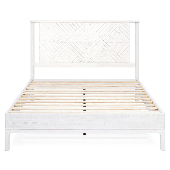 Ethan queen platform bed frame with headboard and rustic white finish; for bedroom furniture