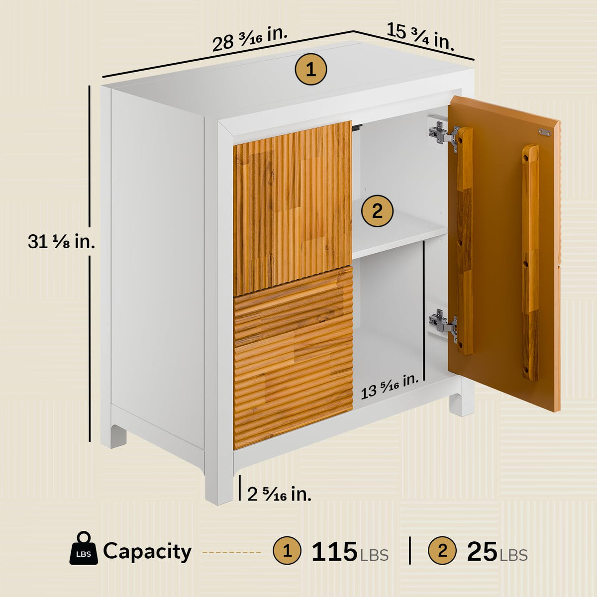 Madia 2-door storage cabinet, featuring ivory white & teak brown finish and room storage, for dining room storage