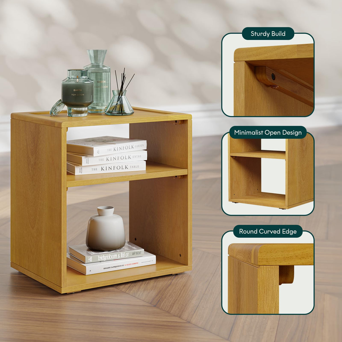 Chalipa open-storage nightstand designed with natural finish and bedside storage as a bedside table