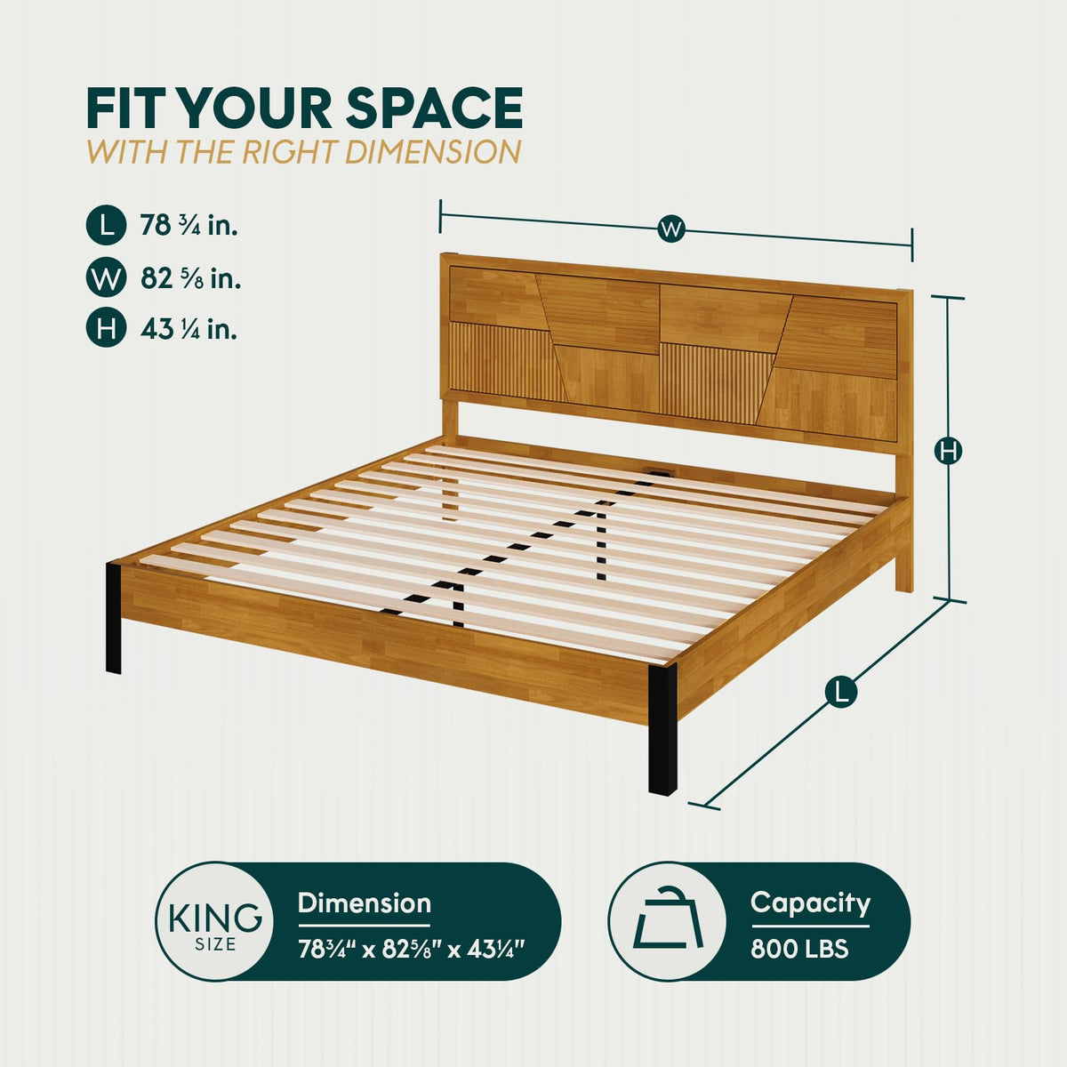 Trapeze king platform bed frame, featuring teak brown finish, for mattress placement