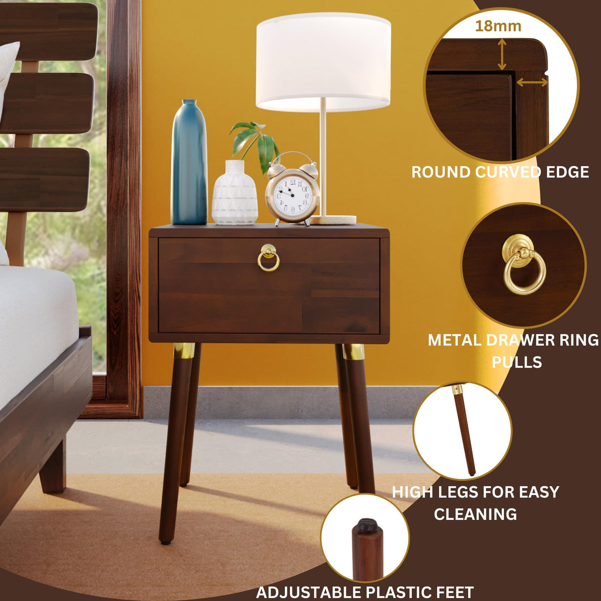 Caden 1-drawer nightstand designed with walnut finish and bedside storage as a bedside table