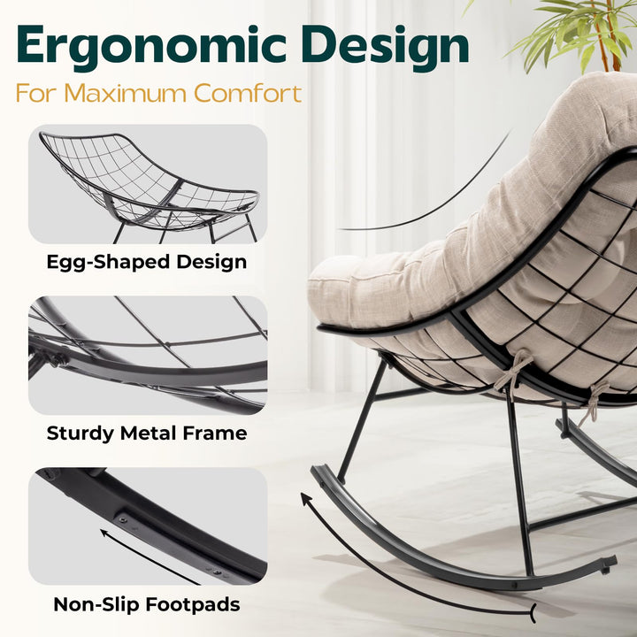 Metal moon rocking chair with ottoman, featuring beige cushion and black matte frame, for relaxation