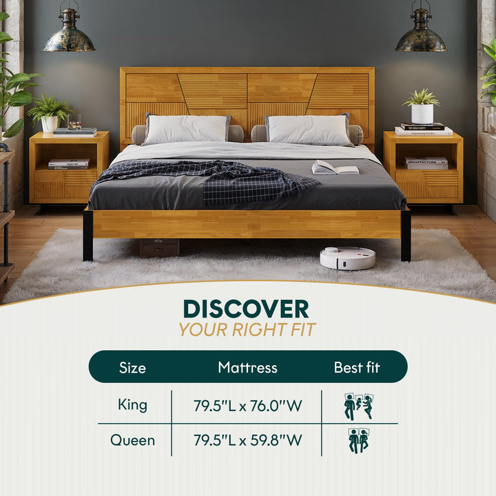 Trapeze king platform bed frame with teak brown finish; for sleep-space furnishing