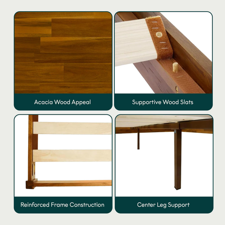 Dinkee full platform bed frame, featuring headboard- design and caramel finish, for a platform bed setup