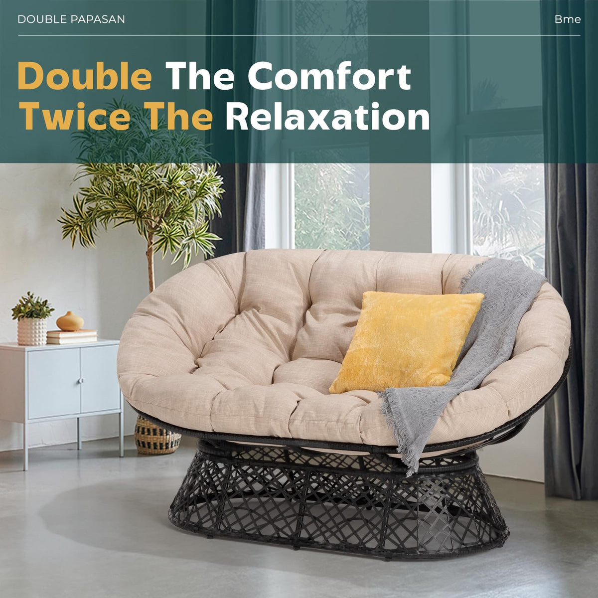 Metal double papasan chair designed with black cushion, black frame, and double-seat design for living room seating