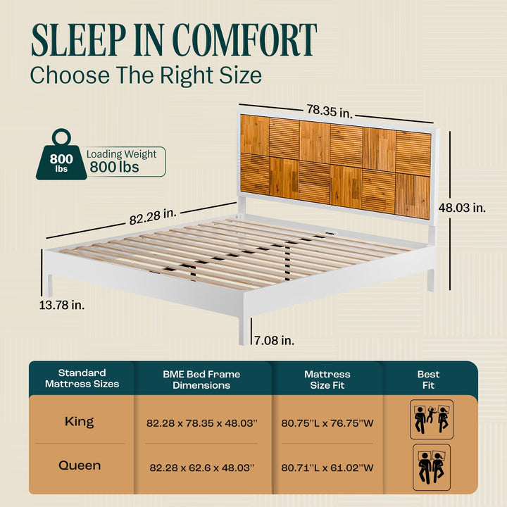 Madia king platform bed frame, featuring ivory white & teak brown finish, for mattress placement
