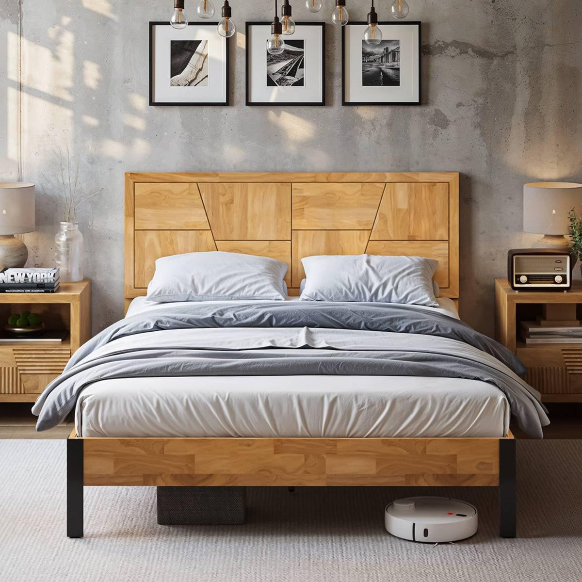 Trapeze king platform bed frame with natural finish for bedroom setup