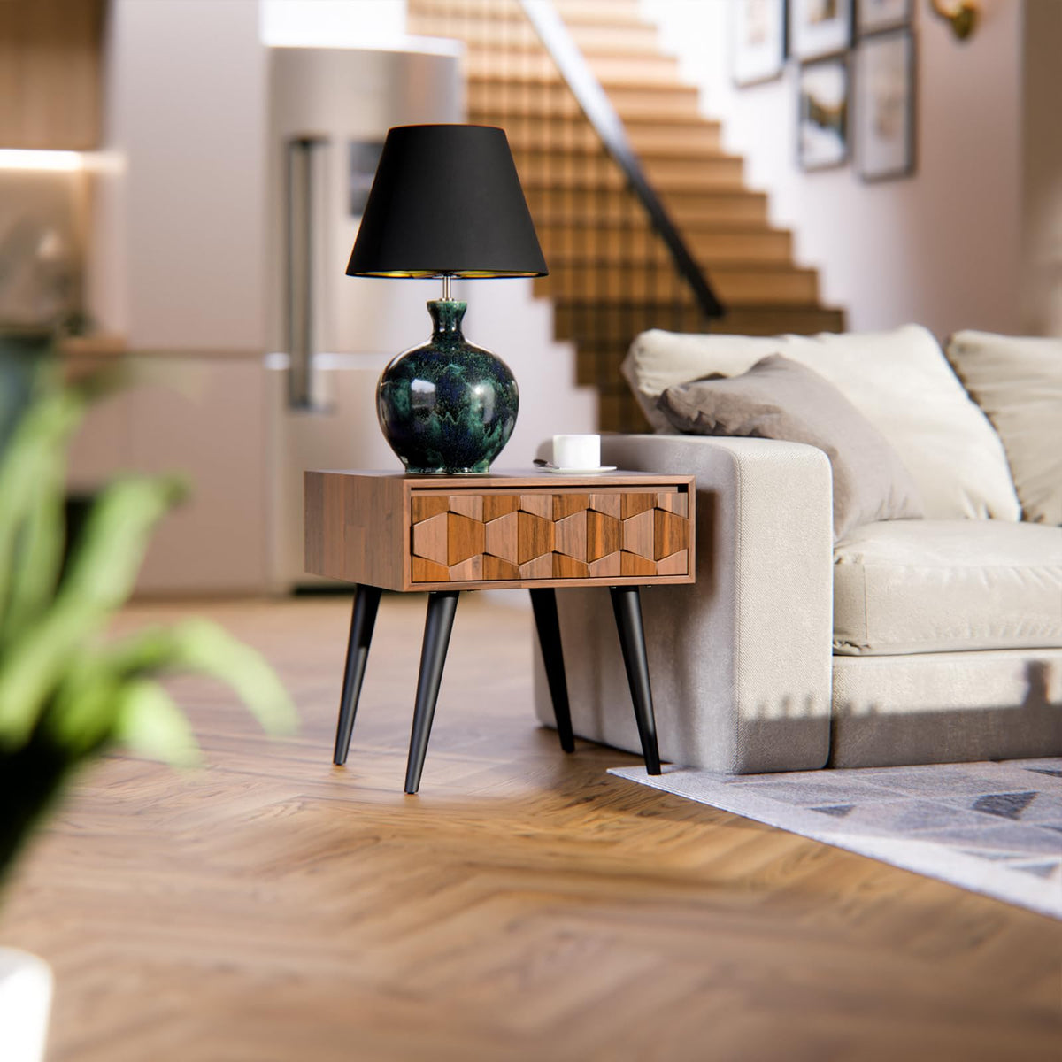 Georgina 1-drawer side table with dark chocolate finish and sofa-side or bedside table for lamp and book display