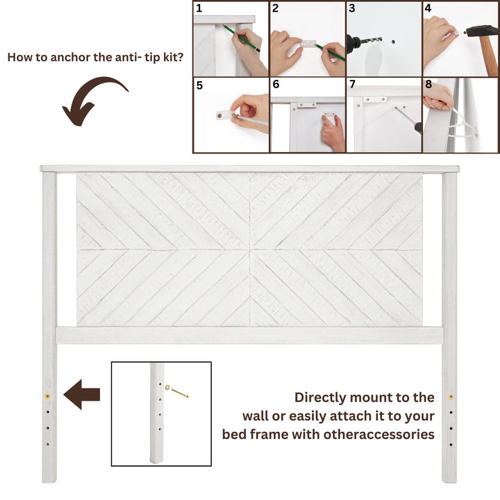 Vivian queen bed headboard with rustic white finish for platform bed pairing