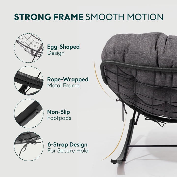 Metal moon rocking chair with grey cushion and black matte frame; for living room seating