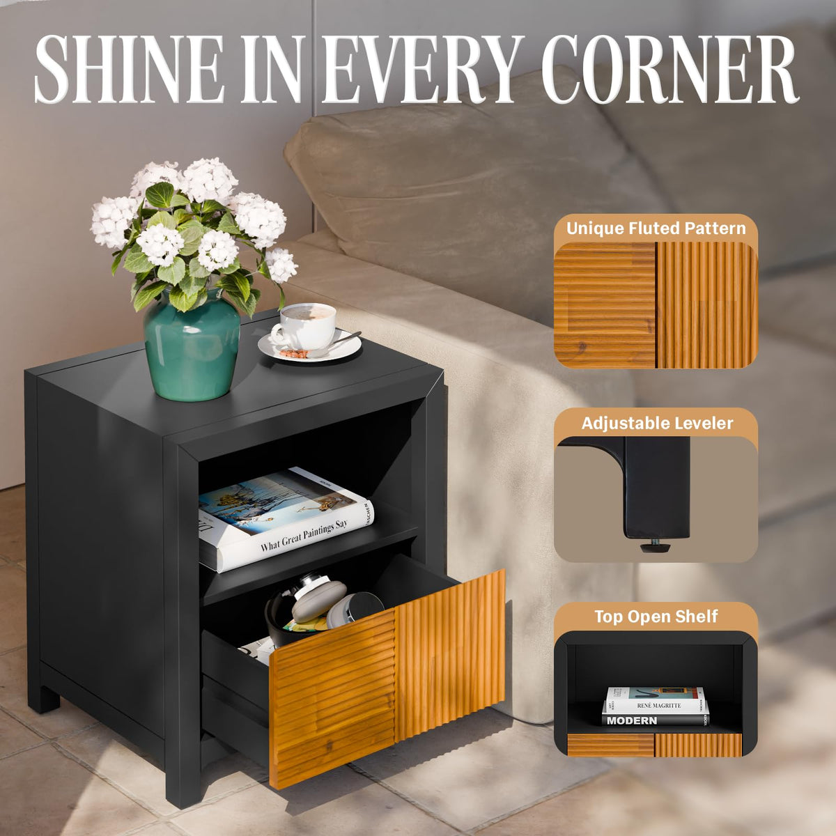Madia nightstand with black & teak brown finish and bedside storage; for bedside essentials