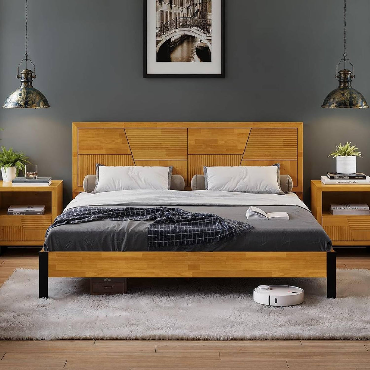 Trapeze king platform bed frame with teak brown finish for bedroom setup