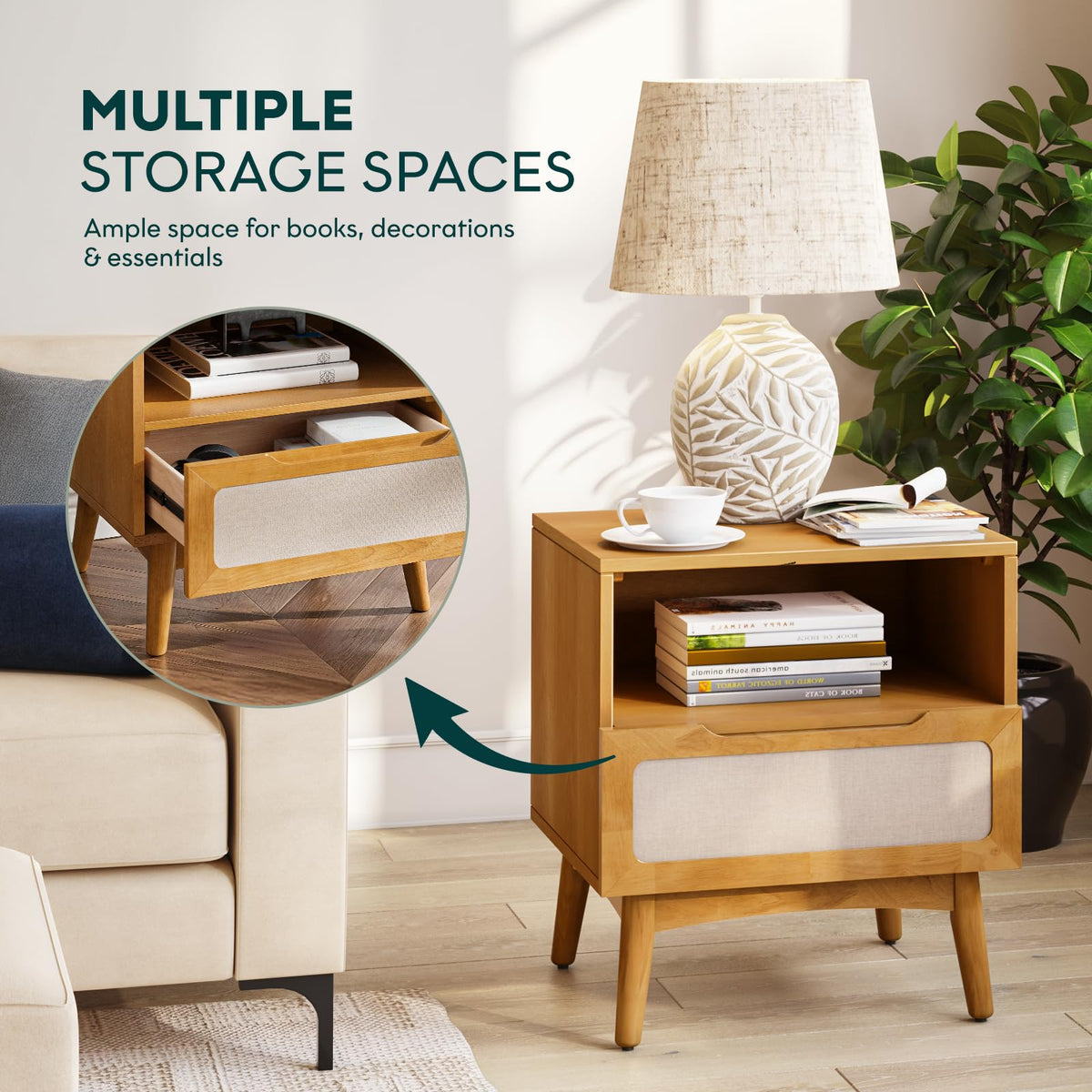 Calista 1-drawer nightstand with rubber wood veneer, teak brown finish, and bedside storage for lamps and books