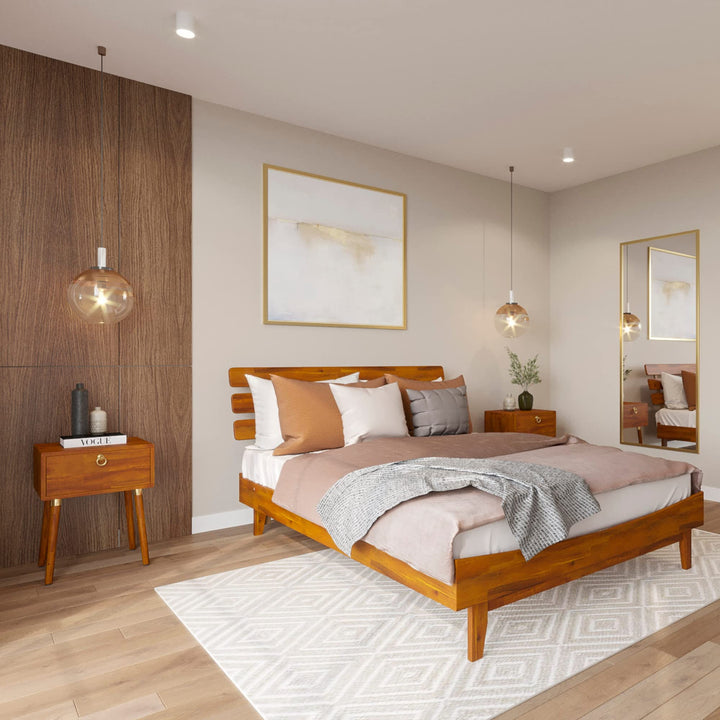 Caden queen platform bed frame, featuring headboard and caramel finish, for daily bedroom use