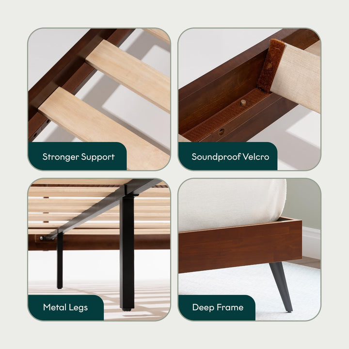 Rhombus king platform bed frame with walnut finish for everyday bedroom use
