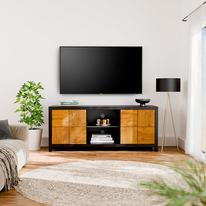 Madia TV stand with black & teak brown finish and media storage; for a home entertainment area