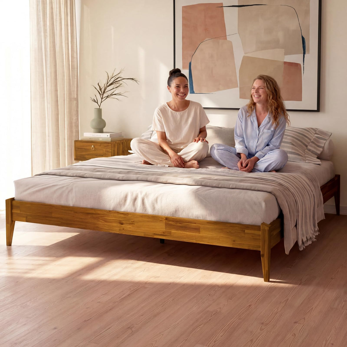 Dinkee king platform bed frame with headboard- design and caramel finish; for coordinated bed furniture