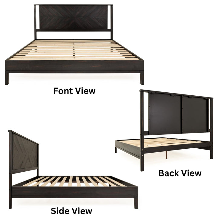 Vivian king platform bed frame with headboard, acacia wood, and rustic black finish; for bedroom furniture