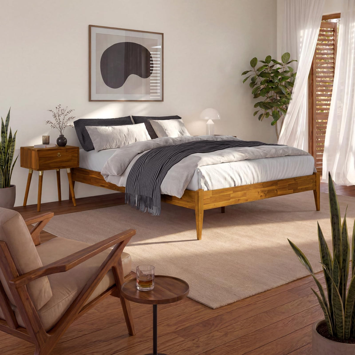 Dinkee queen platform bed frame with headboard- design and caramel finish for mattress and bedroom setup