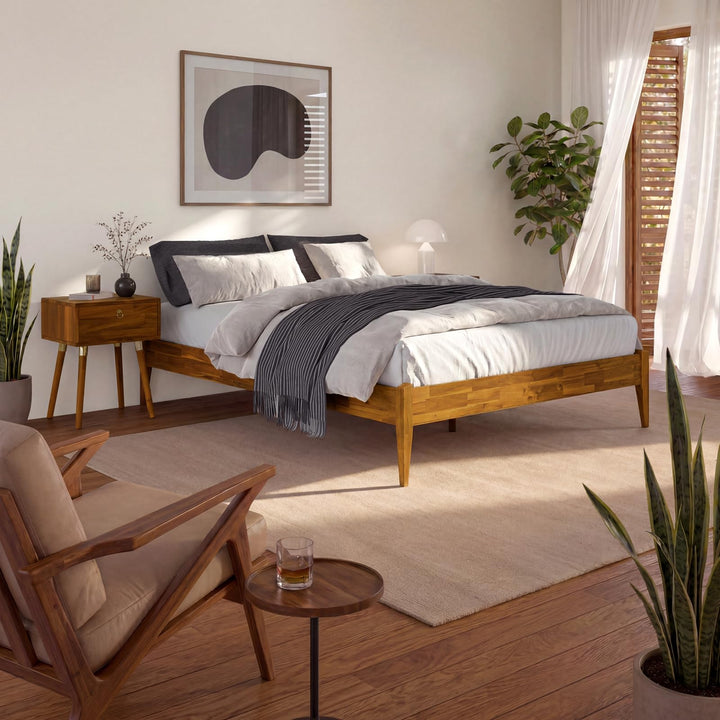 Dinkee queen platform bed frame with headboard- design and caramel finish for mattress and bedroom setup
