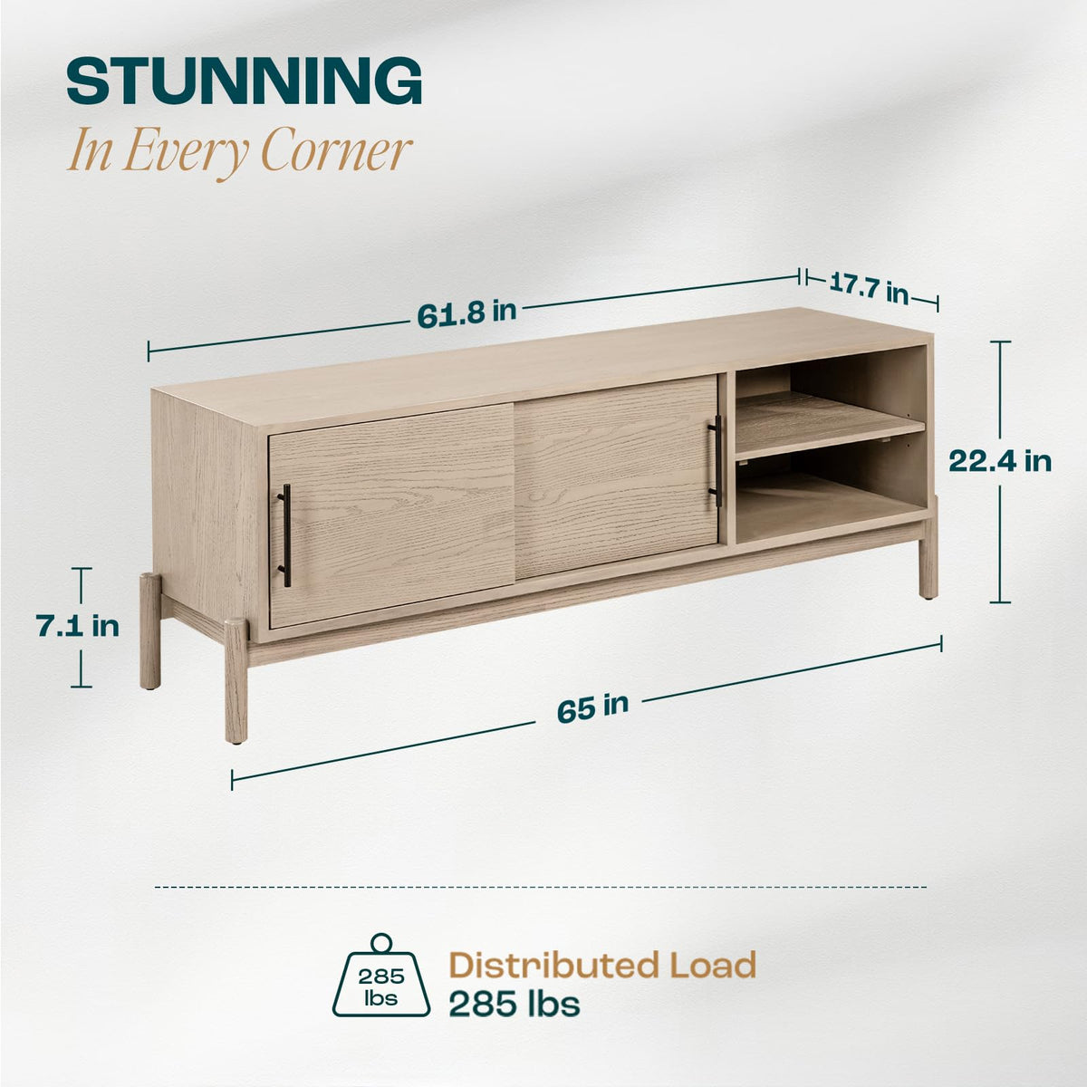 Lyra TV stand, featuring 65-inch design, light grey finish, and media storage, for TV placement