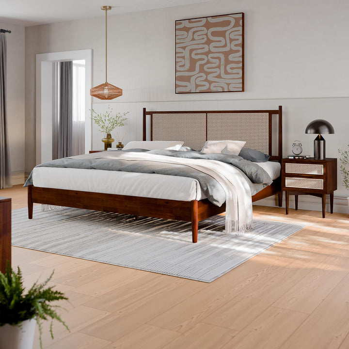 Oliver king platform bed frame designed with walnut finish for bedroom styling