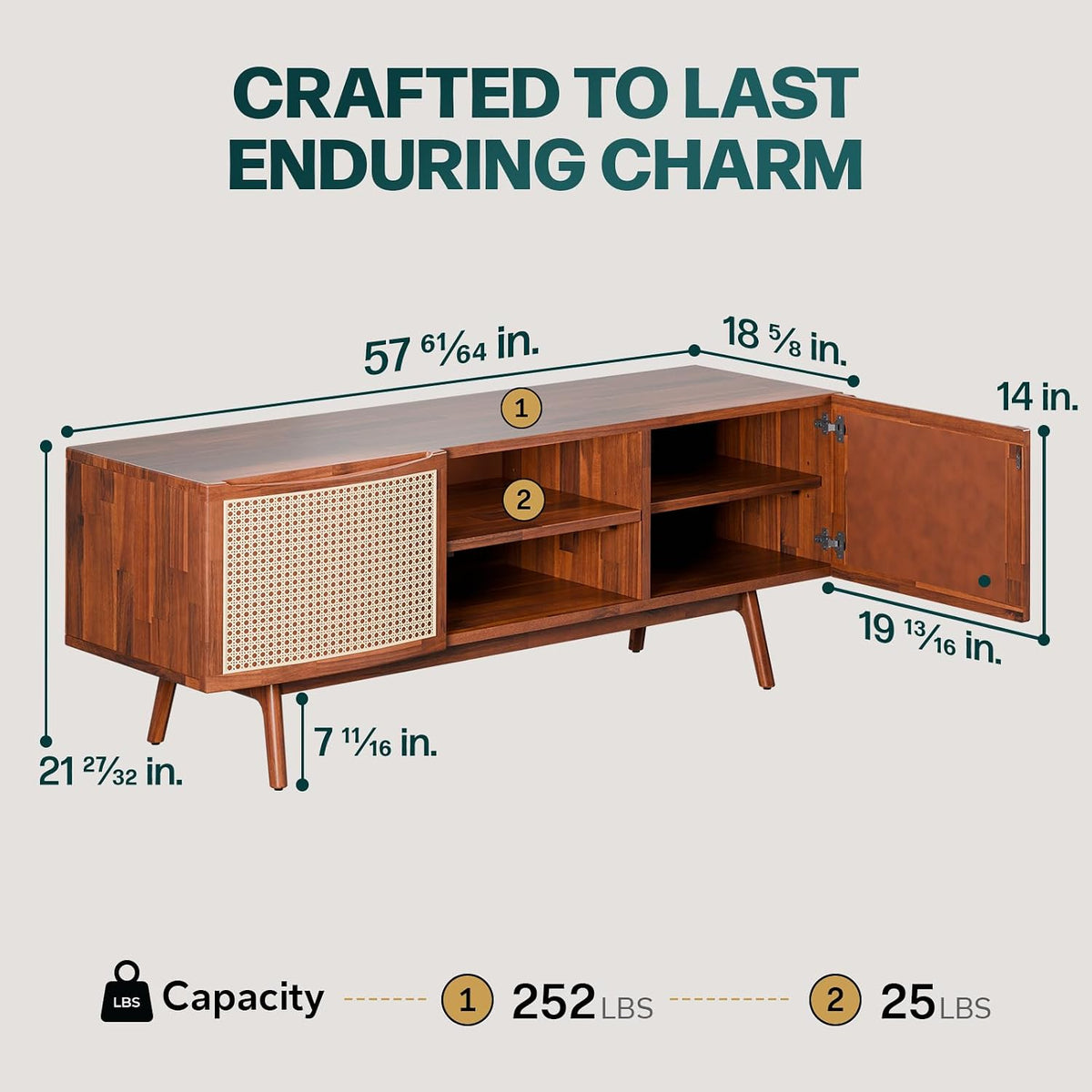 Nancy TV stand, featuring dark chocolate finish and media storage, for TV placement