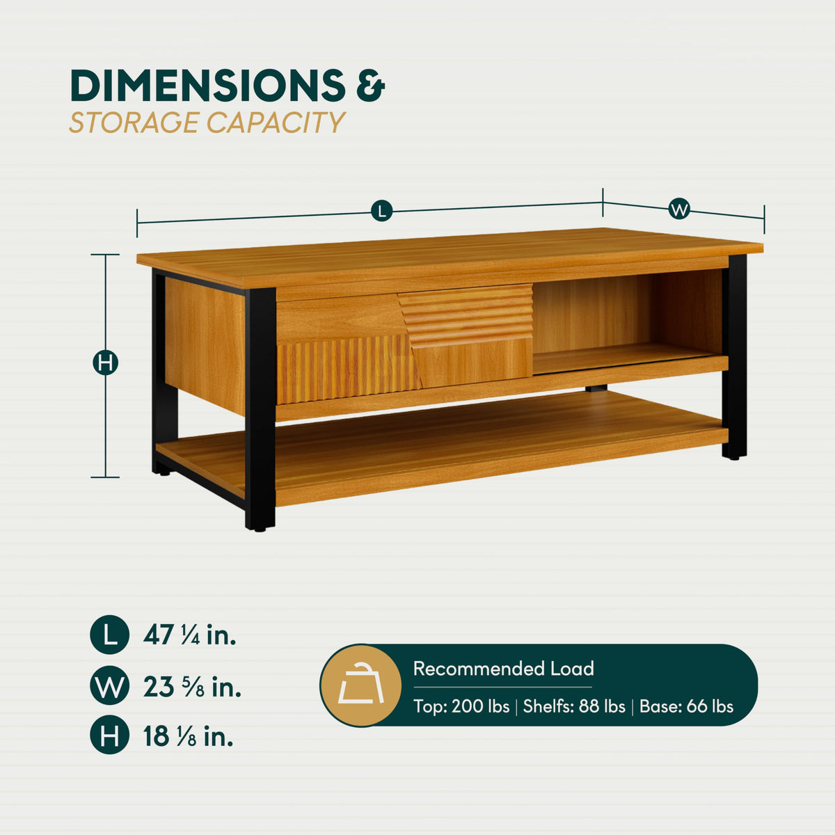 Trapeze coffee table designed with teak brown finish and living room table for living room storage