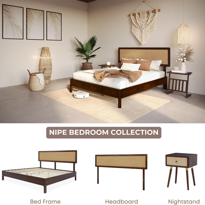 Nipe king platform bed frame with headboard and walnut finish; for sleep-space furnishing