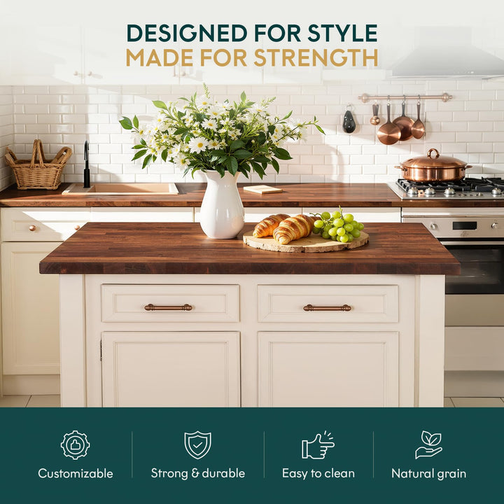 Hevea wood desktop countertop with 5 ft x 30 in x 1.5 in and dark walnut finish; for custom work surfaces