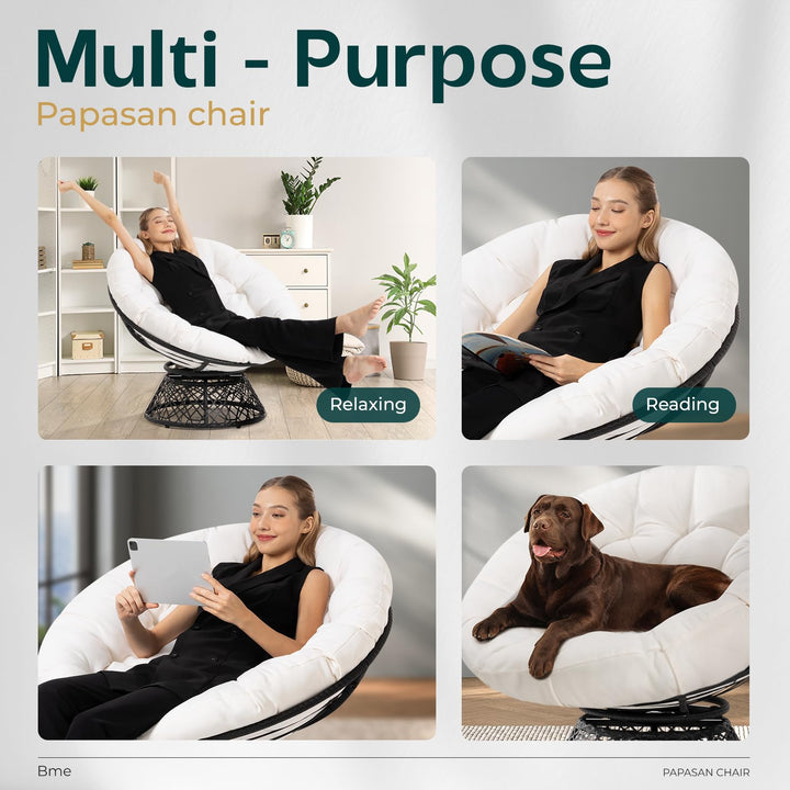 Papasan chair, featuring arctic snow cushion and black frame, for a lounge area