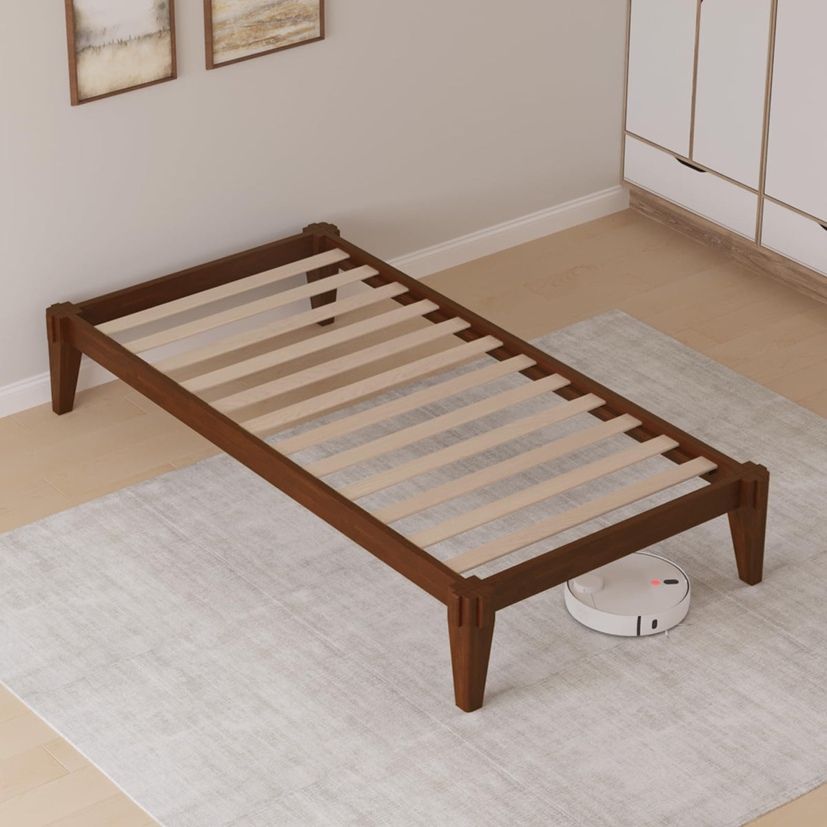 Chalipa twin platform bed frame, featuring headboard- design and walnut finish, for daily bedroom use