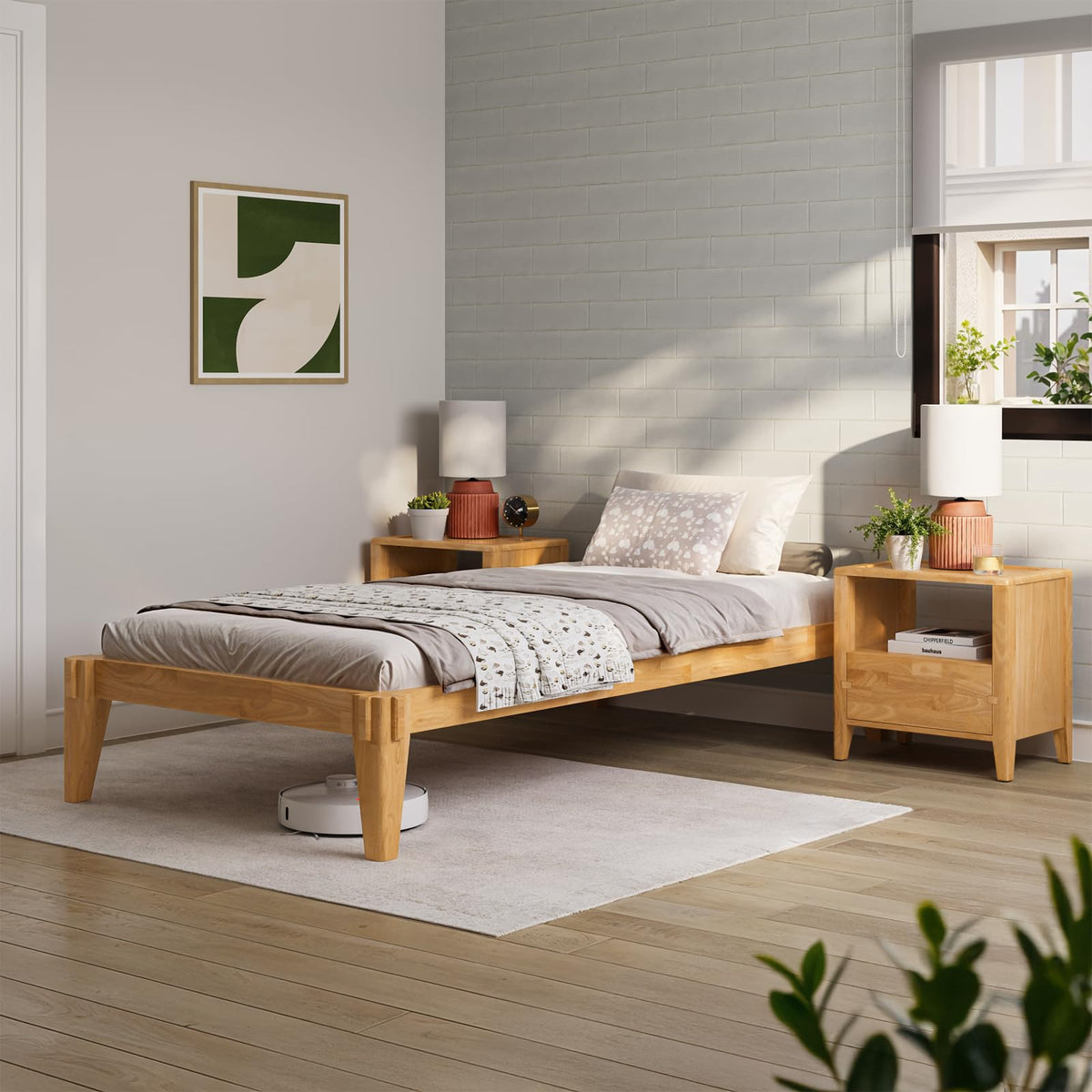 Chalipa twin platform bed frame with light natural finish; for bedroom furniture