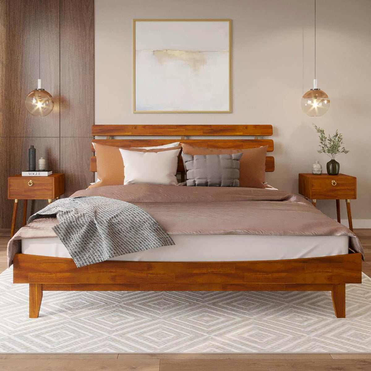 Caden king platform bed frame with headboard and caramel finish for bedroom setup