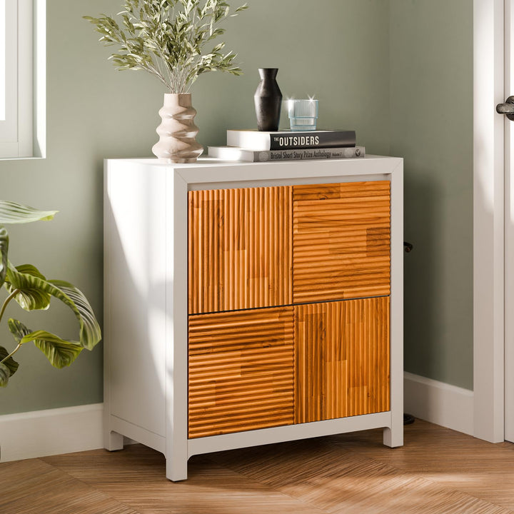 Madia 2-door storage cabinet with ivory white & teak brown finish and living or dining room storage for living room storage