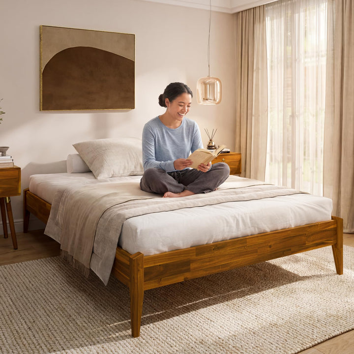 Dinkee full platform bed frame with headboard- design and caramel finish; for coordinated bed furniture