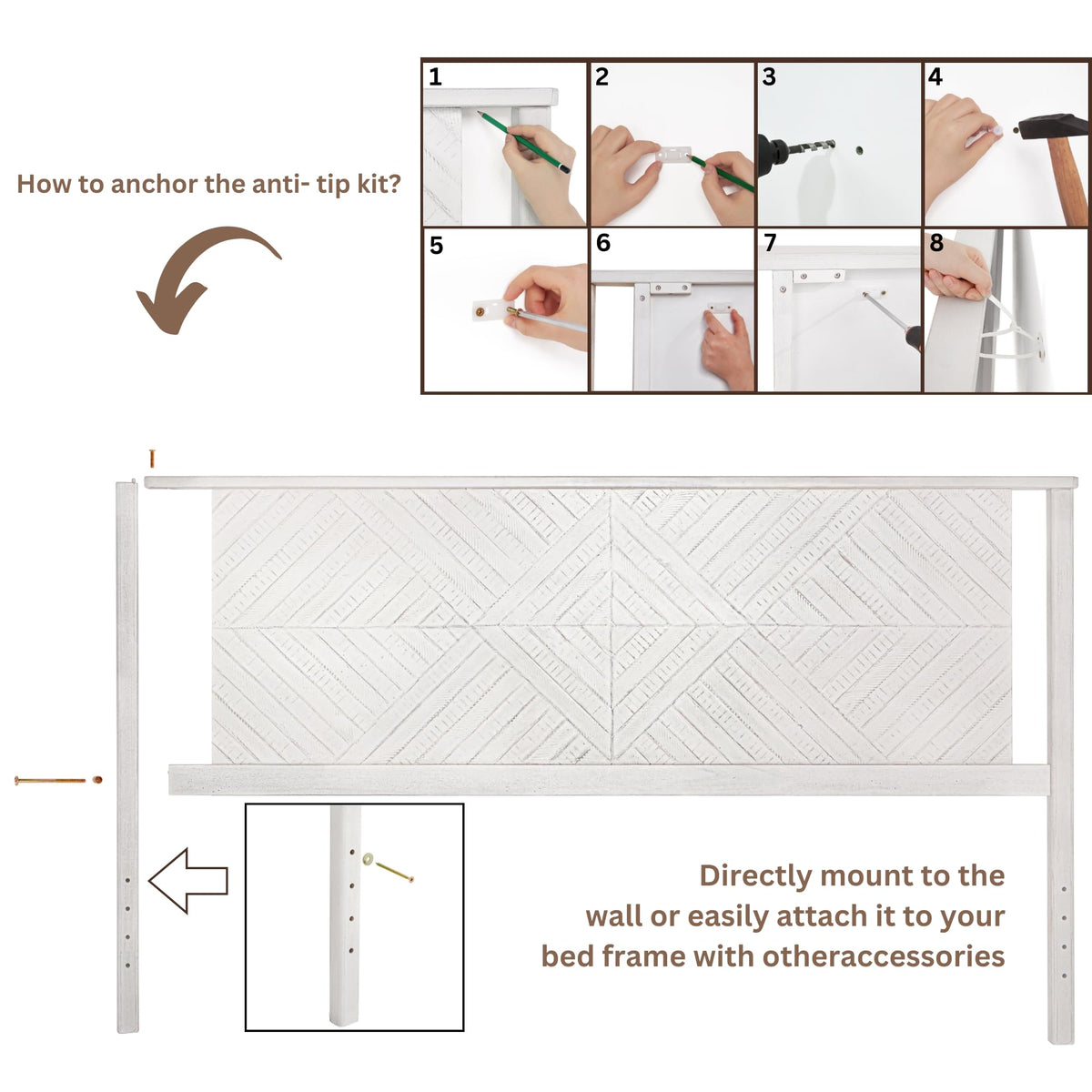 Ethan king bed headboard with rustic white finish for platform bed pairing