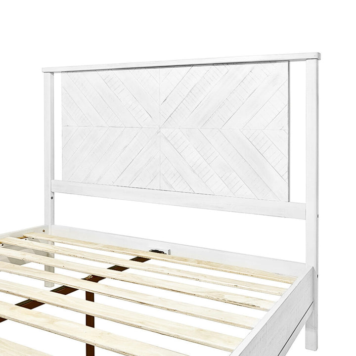 Vivian queen platform bed frame with headboard, acacia wood, and rustic white finish for a complete bed arrangement