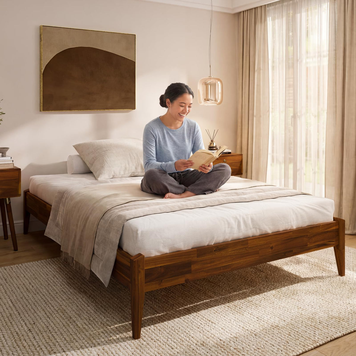 Dinkee full platform bed frame with headboard- design and dark chocolate finish; for coordinated bed furniture