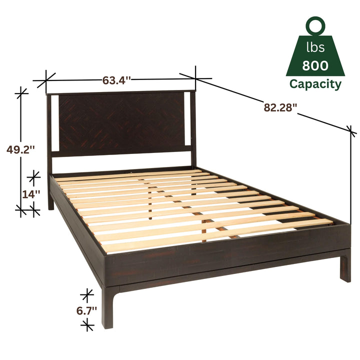 Ethan queen platform bed frame, featuring headboard and rustic black finish, for mattress placement