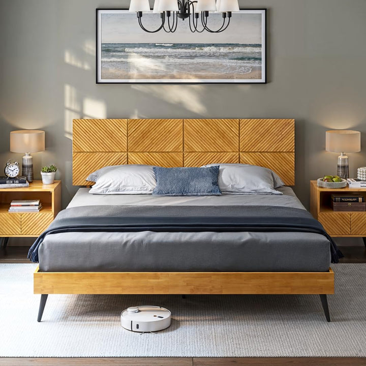 Rhombus king platform bed frame with teak brown finish for bedroom setup