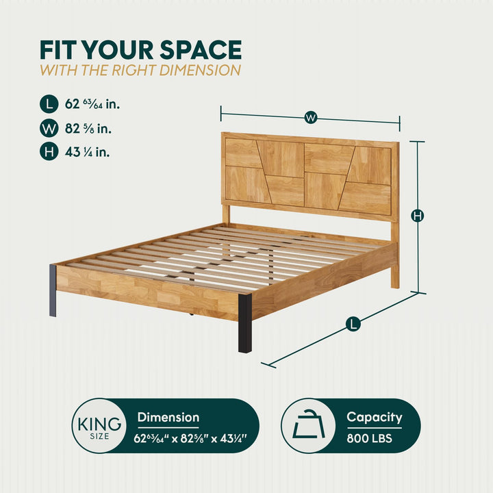 Trapeze king platform bed frame, featuring natural finish, for mattress placement