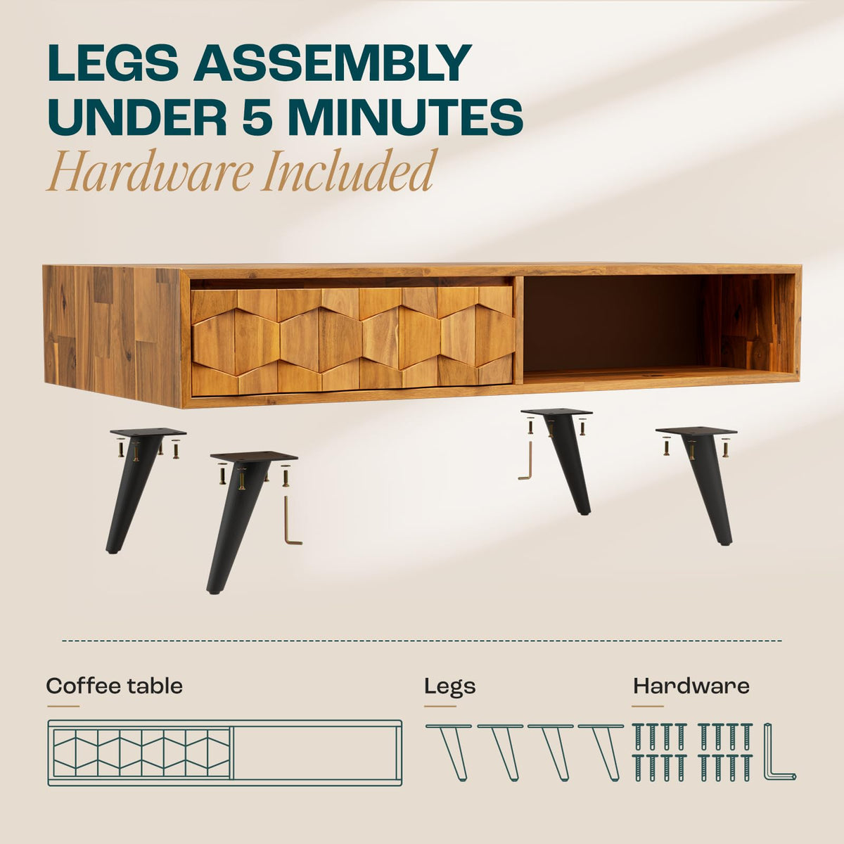 Georgina 2-drawer coffee table with teak brown finish and living room table; for living room organization