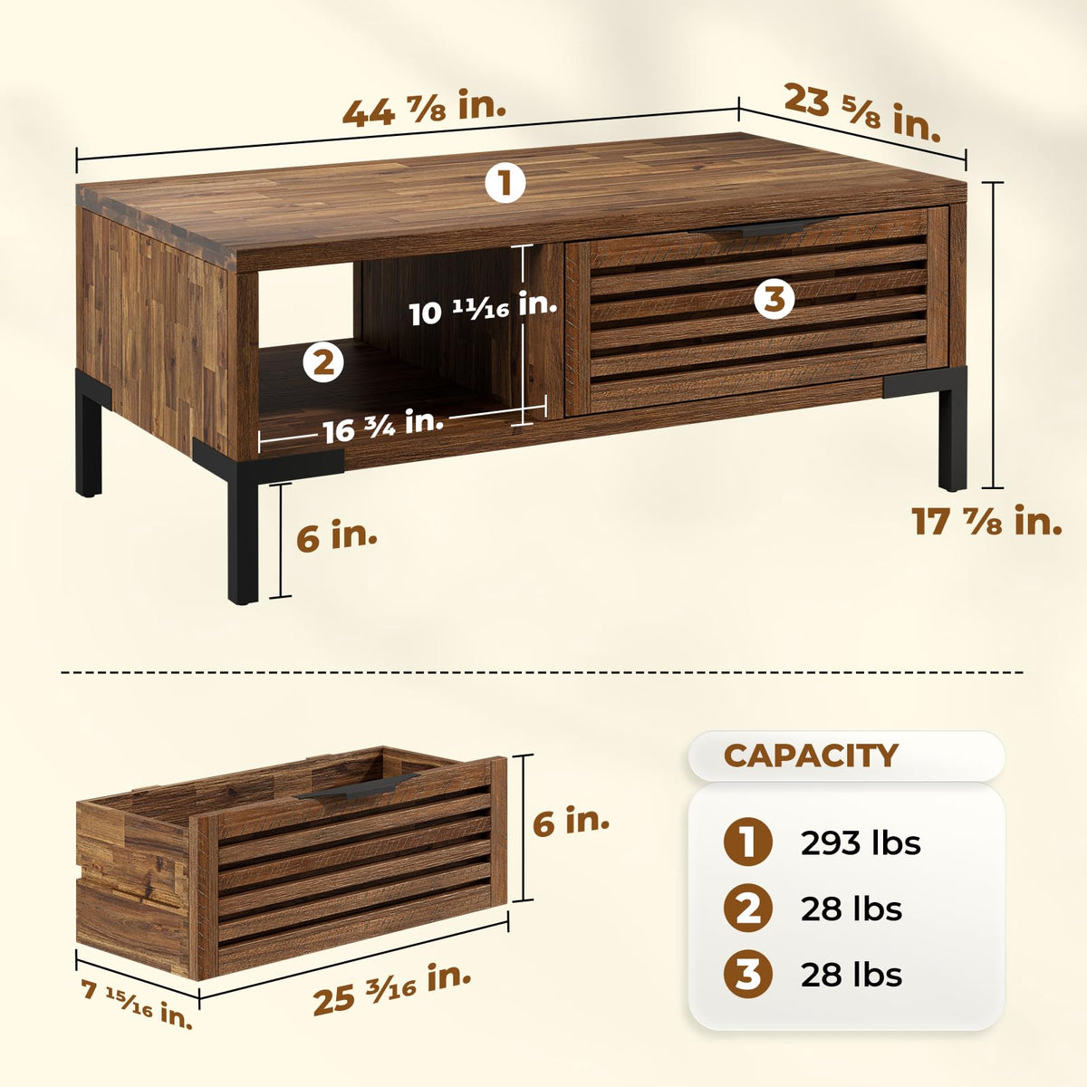 Millie coffee table with rustic chestnut finish and living room table; for tabletop display