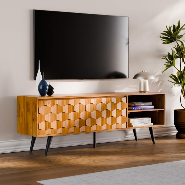 Georgina TV stand with 65-inch design, 2-door, teak brown finish, and media storage for media storage