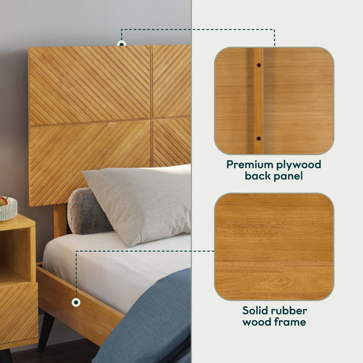 Rhombus king platform bed frame designed with teak brown finish for a coordinated sleep space