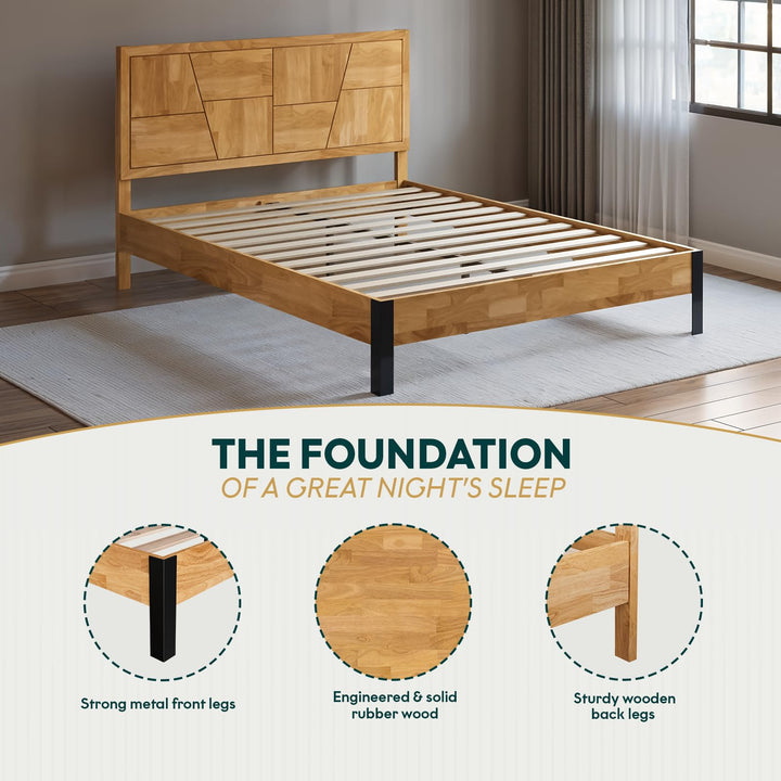 Trapeze king platform bed frame with natural finish; for bedroom furniture