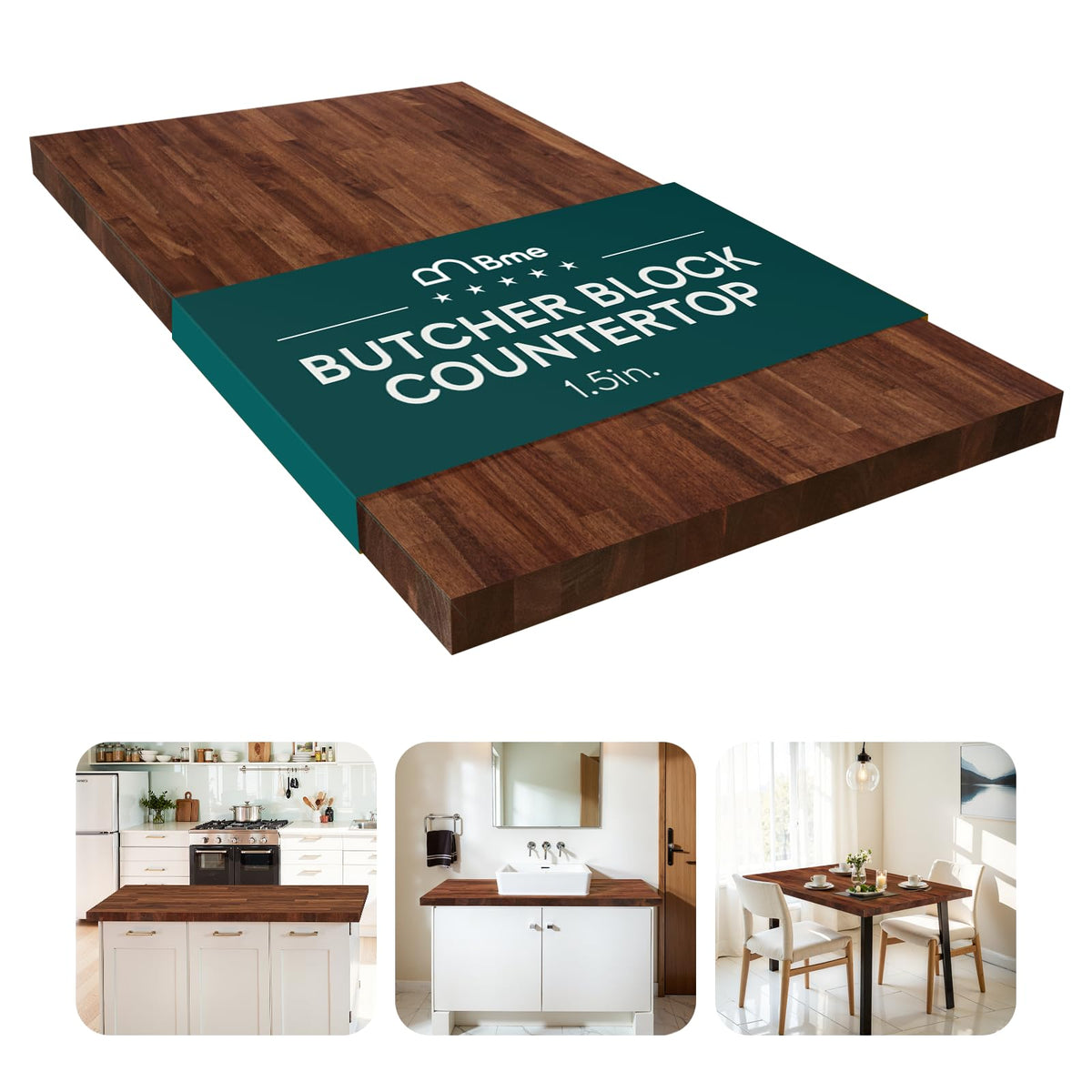 Hevea wood desktop countertop with 5 ft x 30 in x 1.5 in and dark walnut finish for kitchen surfaces